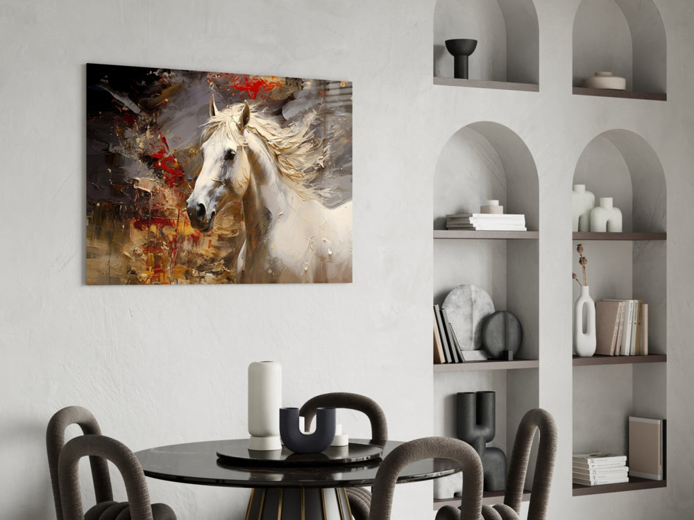 Crimson-splatter horse cinematic glass wall art over master-bedroom headboard