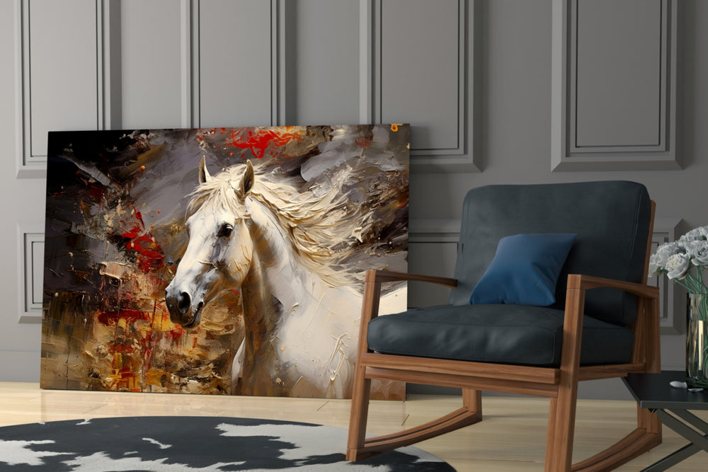 Painterly stallion cinematic glass wall art in country-club library