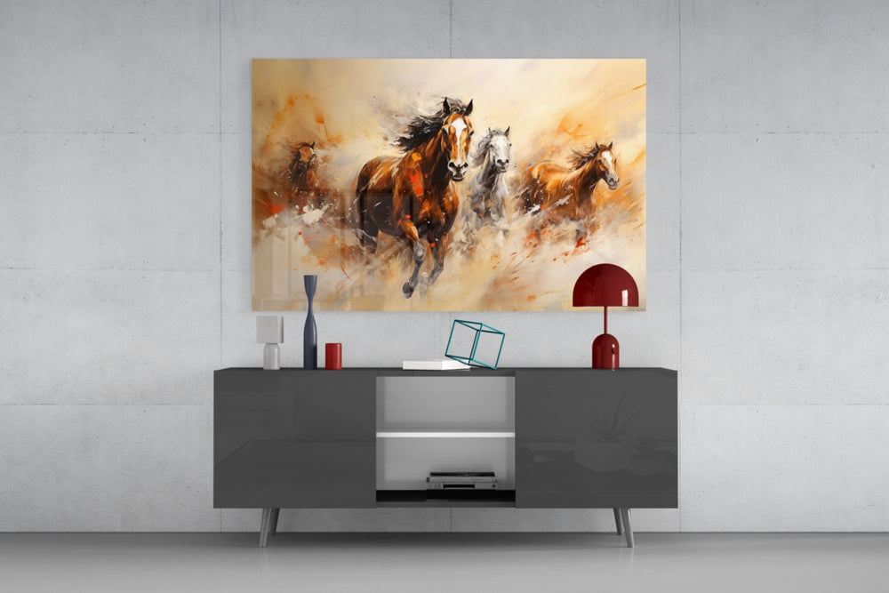 Western painterly cinematic glass wall art in country-house entry