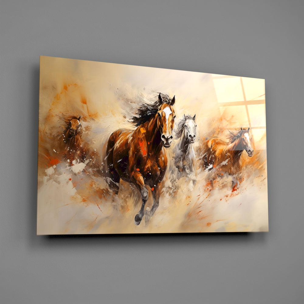 Expressionist-Western herd glass wall art over walnut console in equestrian study