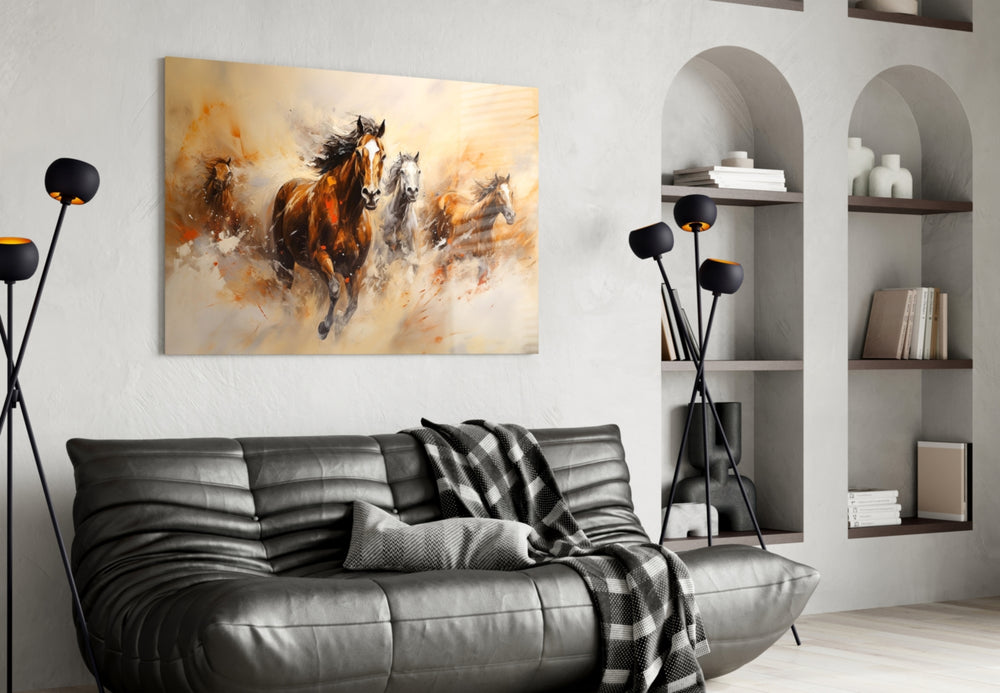 Amber-dust herd cinematic glass wall art in Western-themed entryway