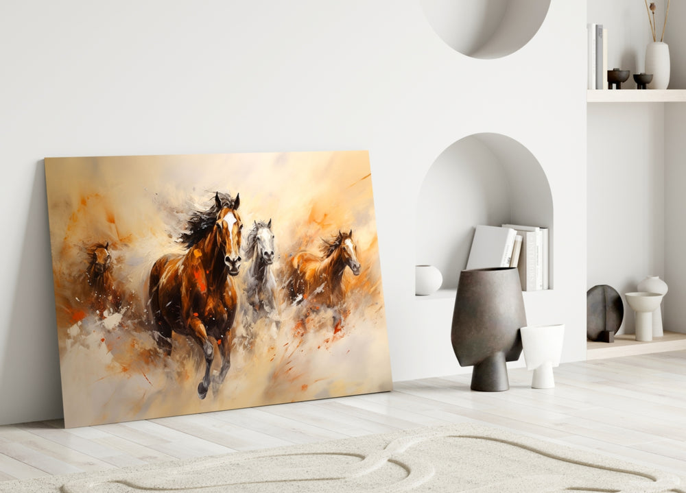 Charging horses painterly cinematic glass wall art in heritage hallway