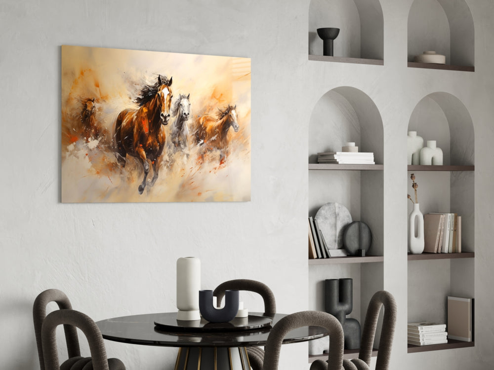 Painterly bay-and-white horses cinematic glass wall art over master-bedroom headboard