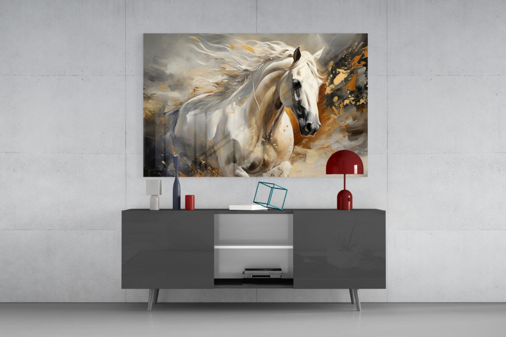 Luxury equine cinematic glass wall art in fashion-atelier reception