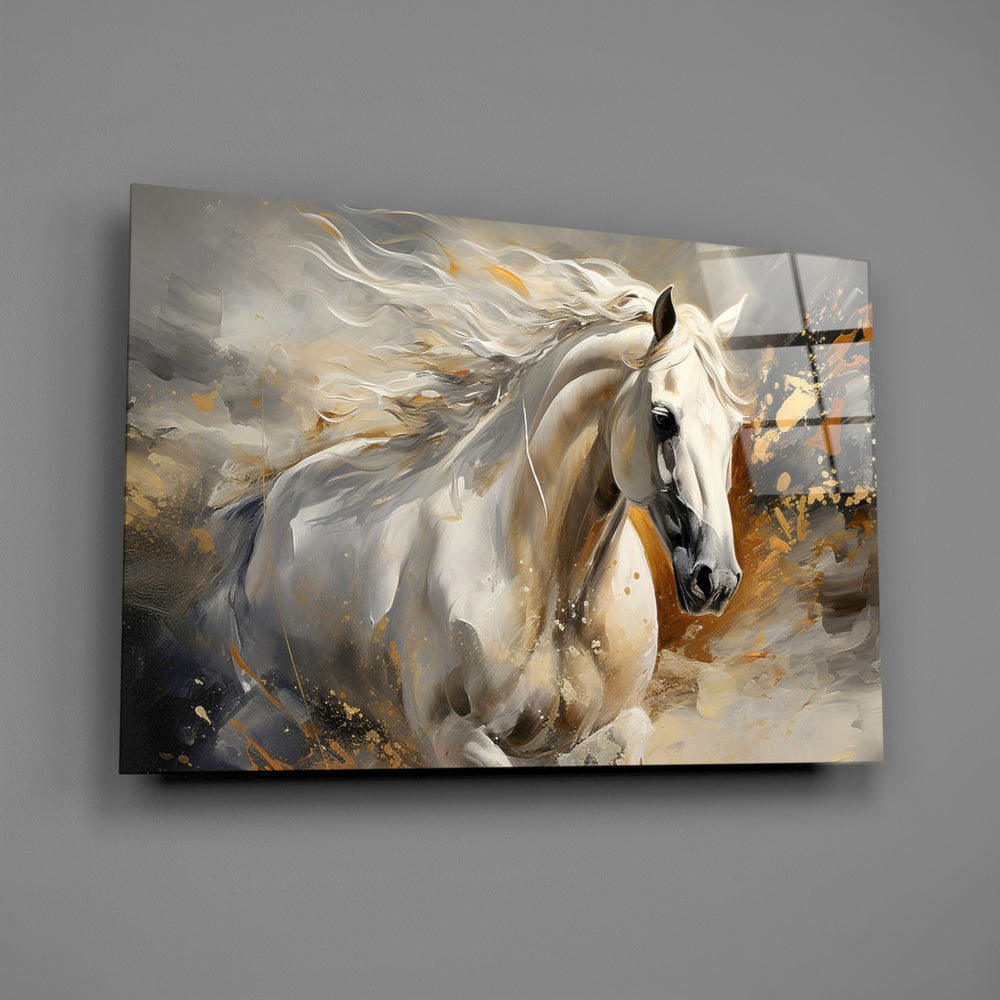 Luxury equine portrait cinematic glass wall art in glamorous bedroom