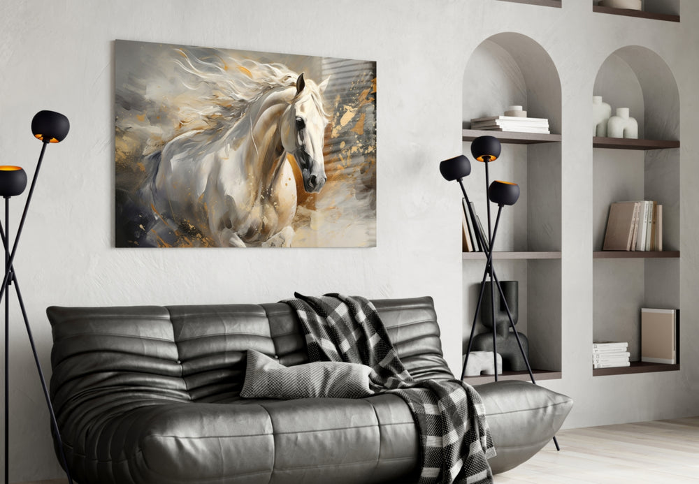 Painterly stallion cinematic glass wall art in heritage hallway