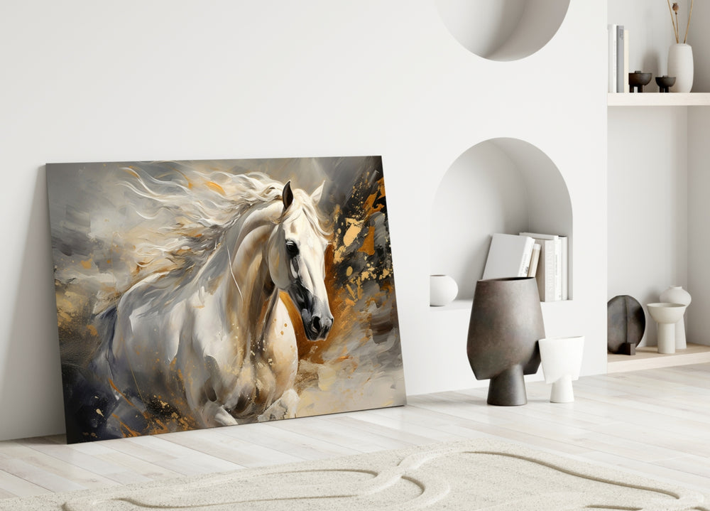 Gold-and-charcoal horse cinematic glass wall art over walnut console in designer entryway