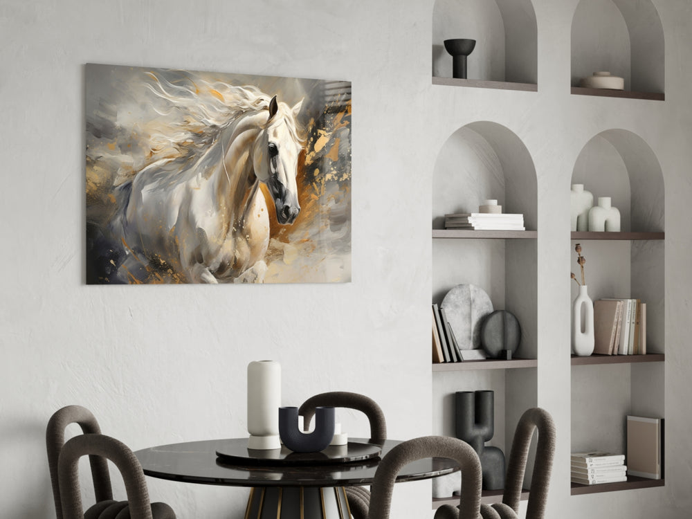 Equine-luxury cinematic glass wall art over master-bedroom headboard