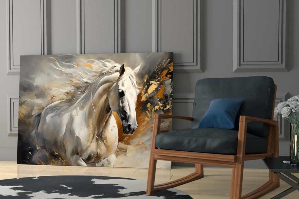 Sculpted gold-horse cinematic glass wall art in country-house library