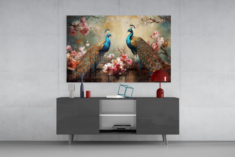 Cherry-blossom peacock cinematic glass wall art in luxury hallway