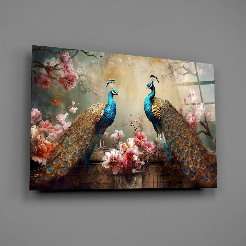 Chinoiserie-revival cinematic glass wall art over walnut dining sideboard
