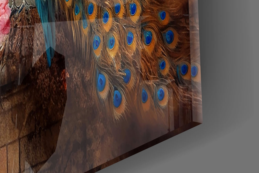 Painterly peacock-pair cinematic glass wall art in glamorous powder-room