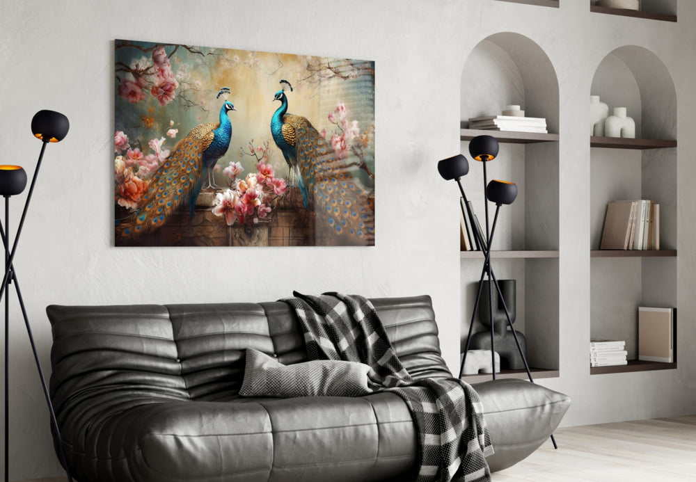 Cobalt-and-gold peacock cinematic glass wall art in boutique-hotel suite