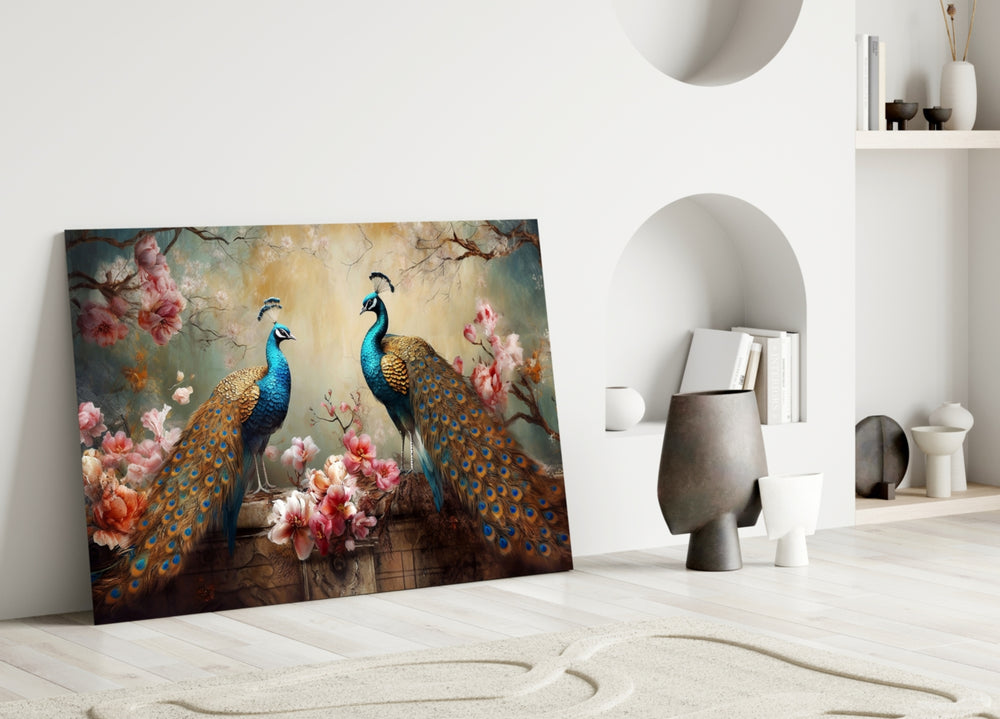 Peacocks-and-blossoms cinematic glass wall art in fashion-atelier reception