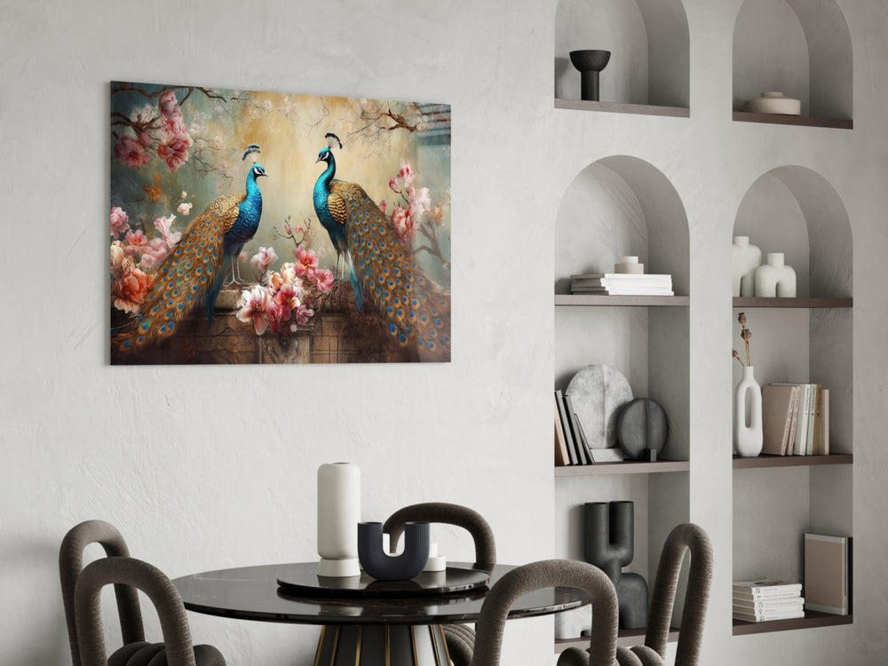 Silk-screen peacock cinematic glass wall art over master-bedroom headboard