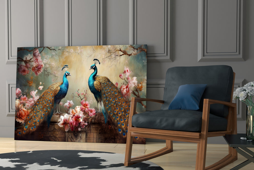 Heritage chinoiserie cinematic glass wall art in country-house library