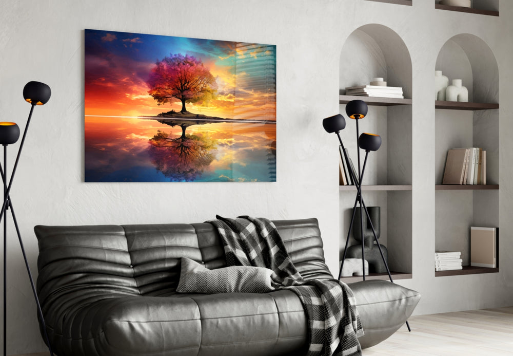 Spiritual sunset tree cinematic glass wall art in hospitality lounge