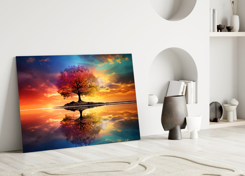 Mirrored lake tree cinematic glass wall art in wellness studio reception