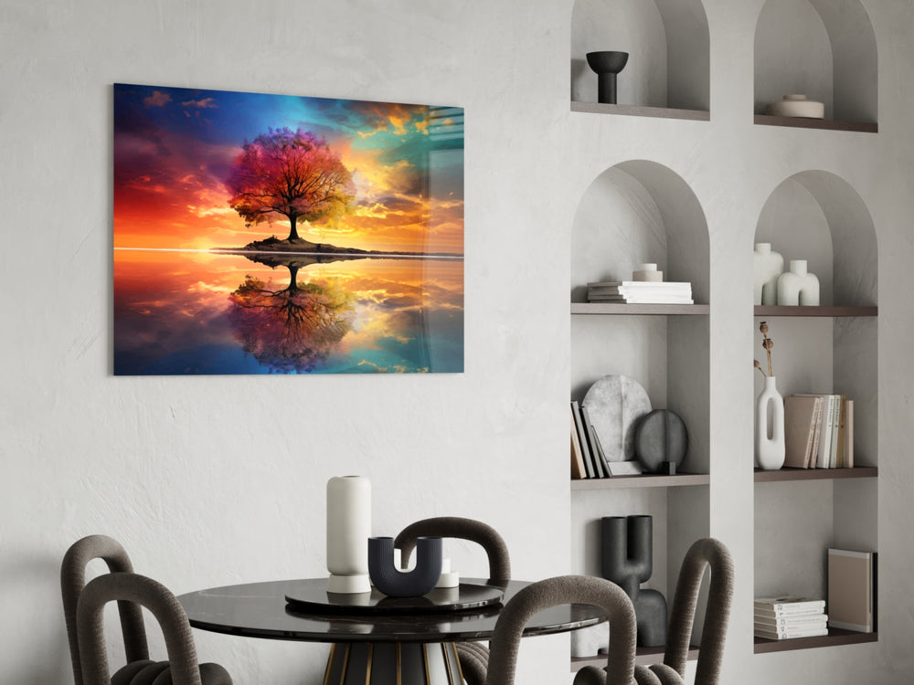 Maxfield-Parrish style cinematic glass wall art over master-bedroom headboard