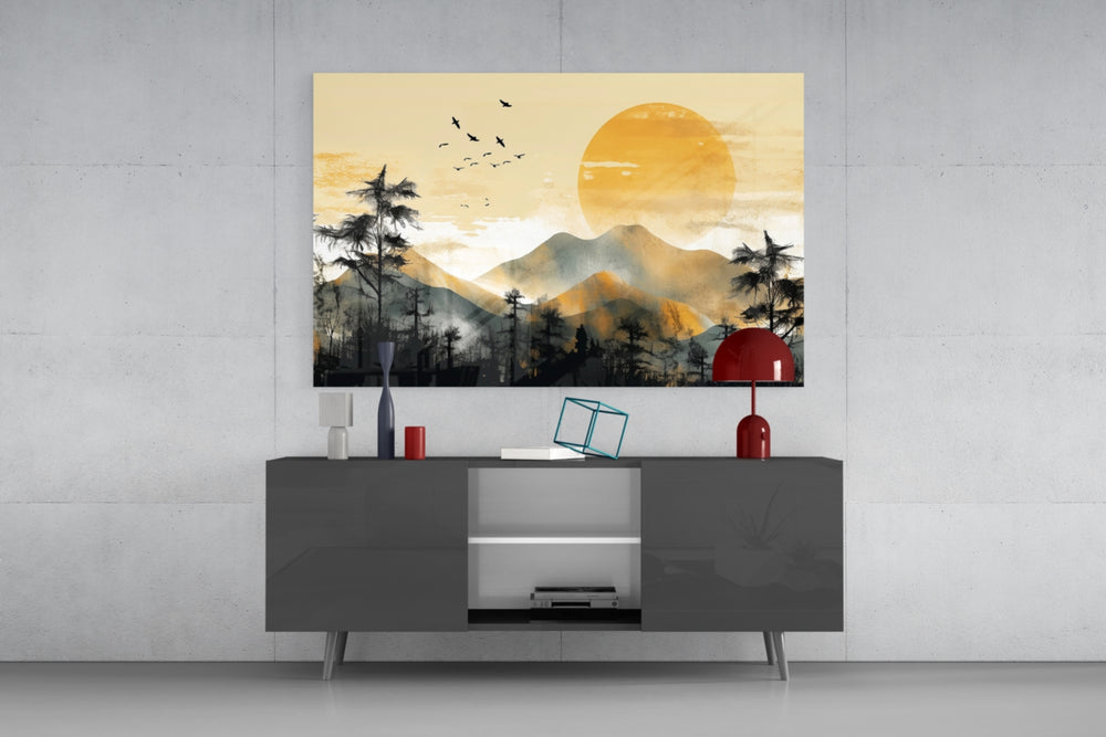 Minimalist Eastern cinematic glass wall art in light-filled garden room
