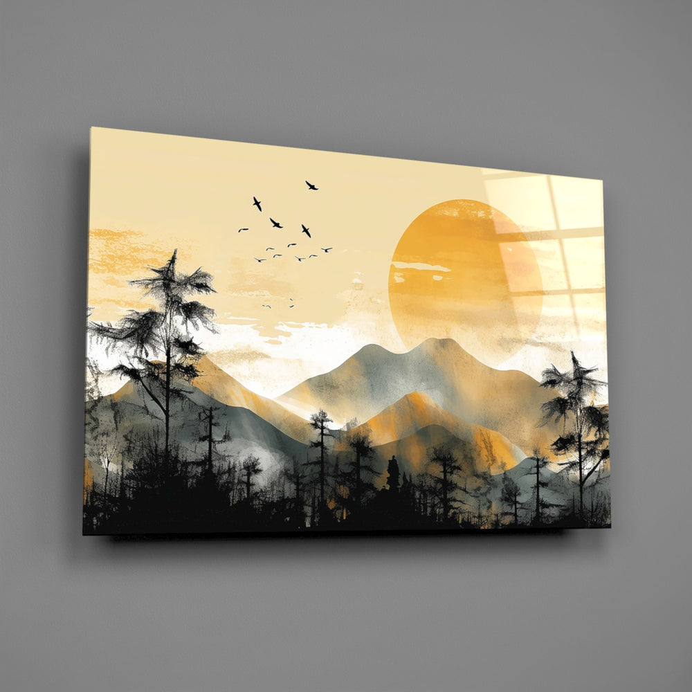 Eastern minimalist landscape cinematic glass wall art in Scandi-modern bedroom