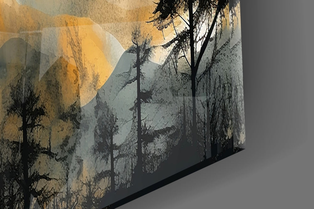 Stylized landscape cinematic glass wall art over modern dining sideboard