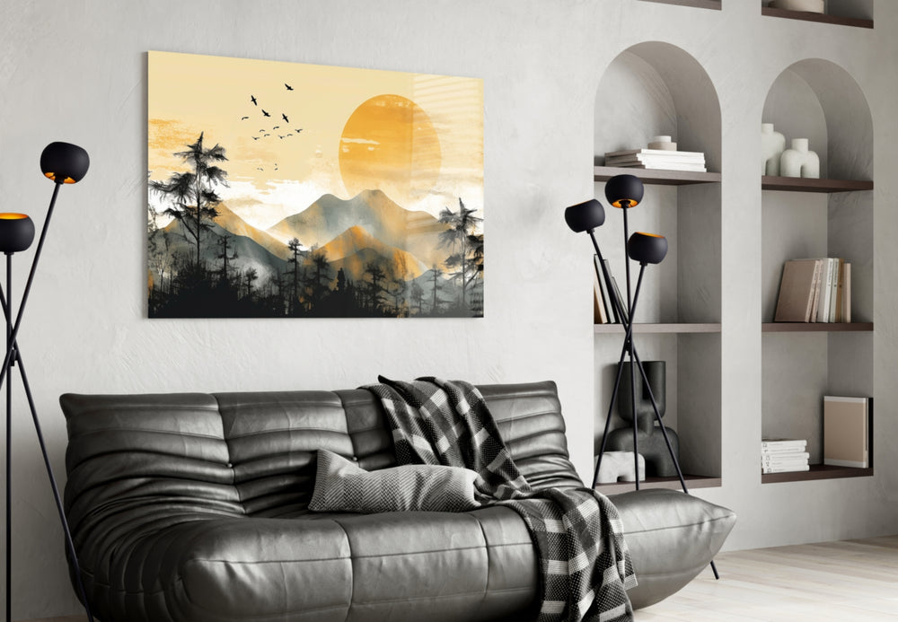 Pine-silhouette dawn cinematic glass wall art in heritage hallway