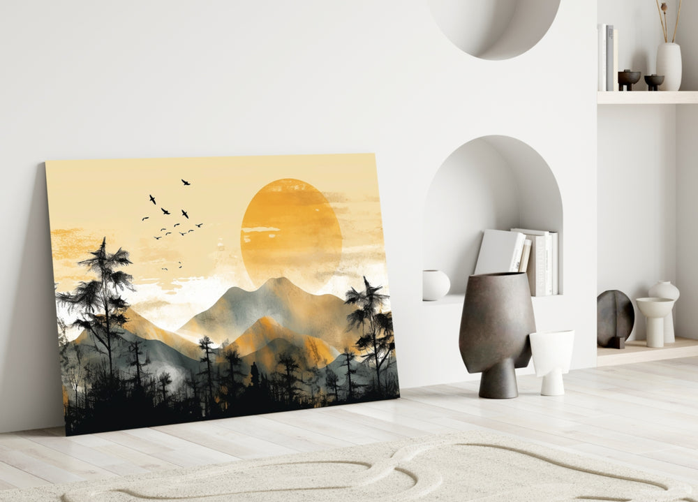 Graphic-poster mountain cinematic glass wall art in wellness studio reception