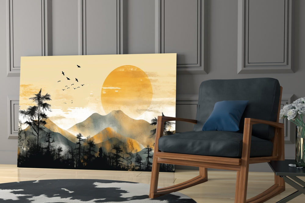 Eastern-woodblock cinematic glass wall art in country-house library