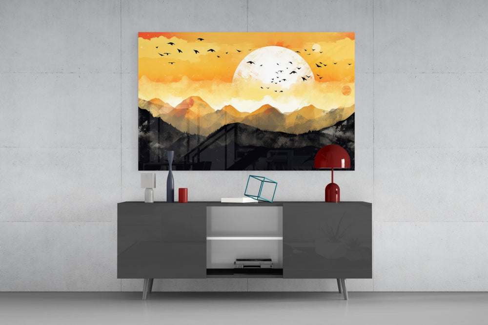 Minimalist Eastern cinematic glass wall art in light-filled garden room