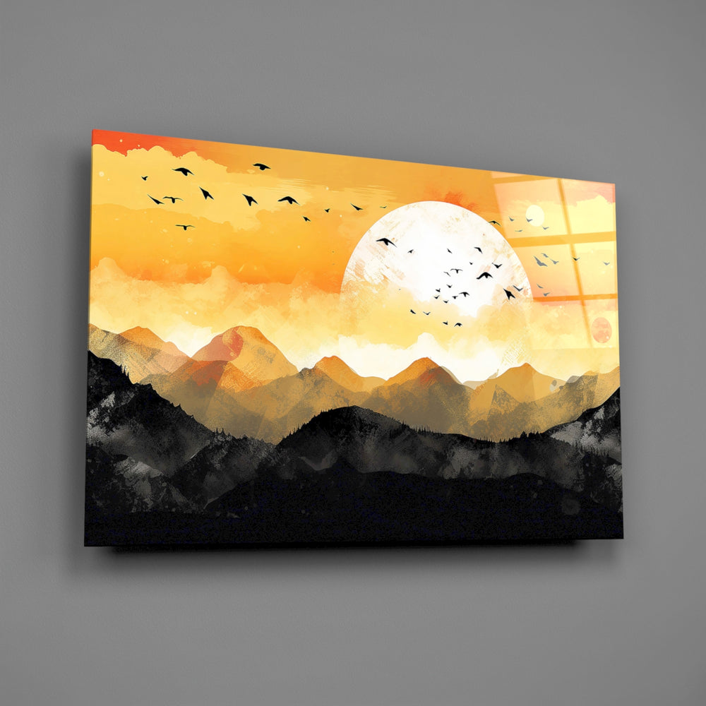 Eastern minimalist landscape cinematic glass wall art in Scandi-modern bedroom