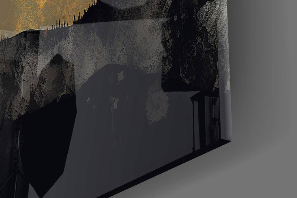 Stylized landscape cinematic glass wall art over modern dining sideboard