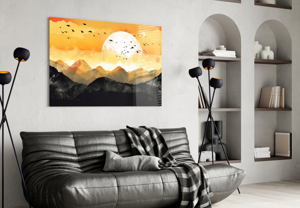 Charcoal-mountain dusk cinematic glass wall art in heritage hallway