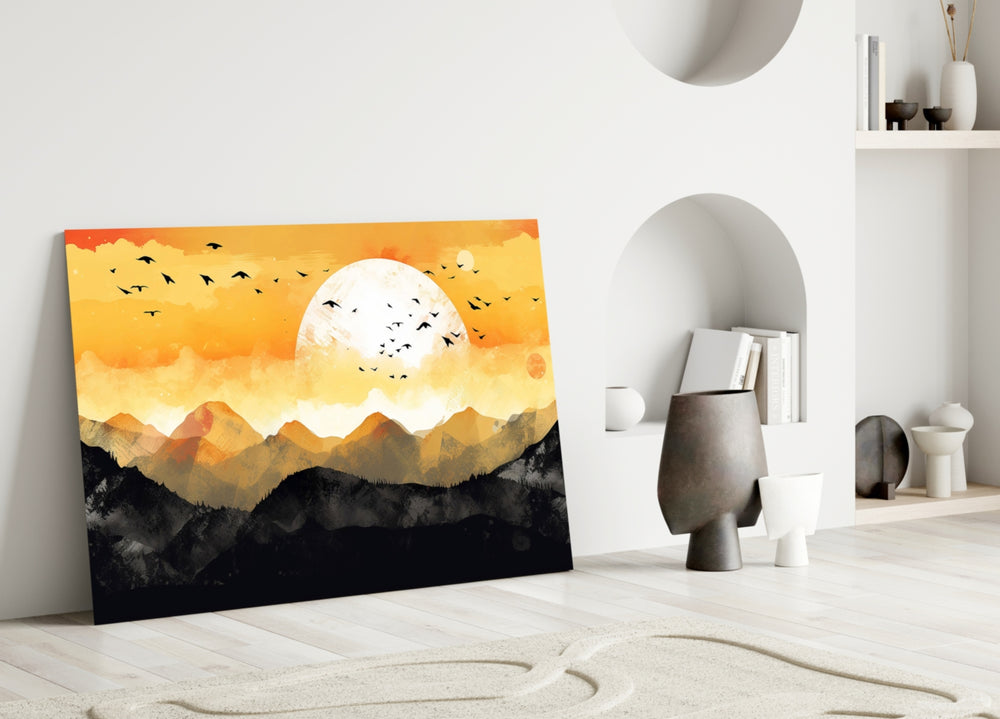 Graphic-poster sunset cinematic glass wall art in wellness studio reception