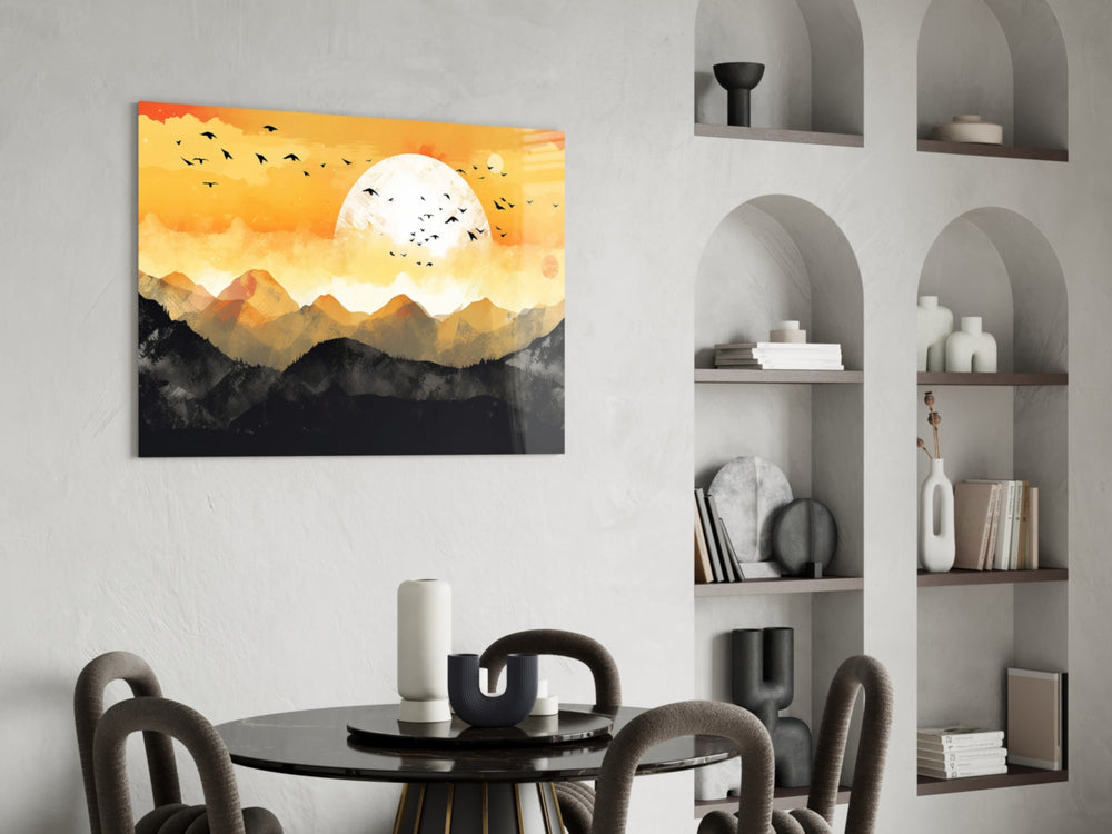 Ember-orange sky cinematic glass wall art over master-bedroom headboard