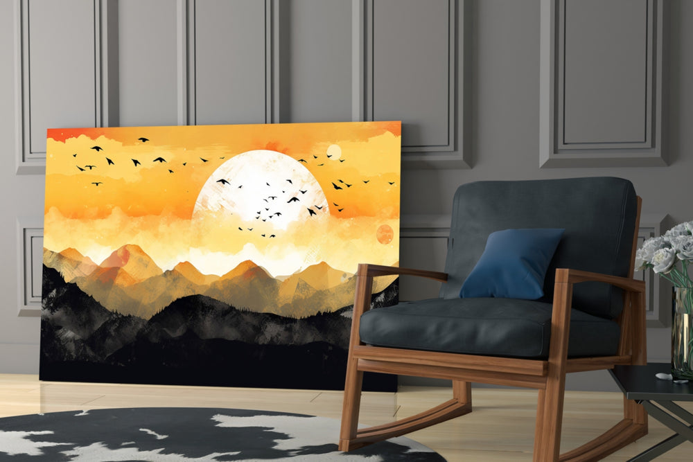 Eastern-woodblock cinematic glass wall art in country-house library