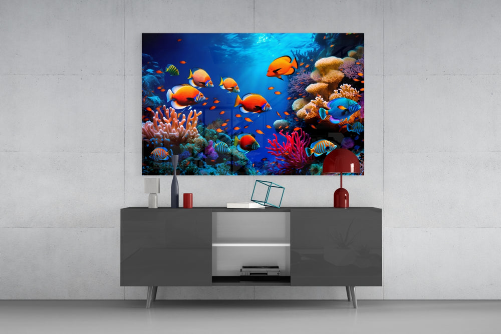 Documentary reef cinematic glass wall art in resort suite living room