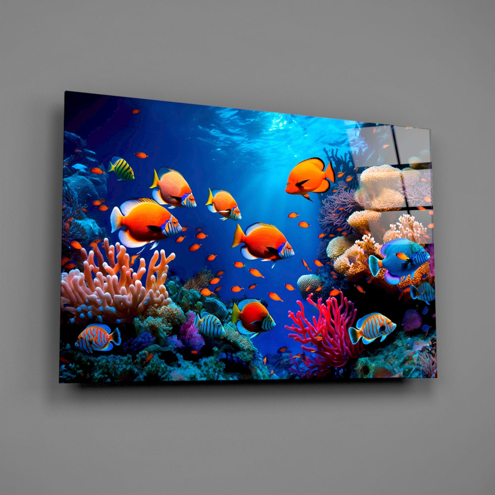 Marine reef documentary glass wall art over walnut sideboard in maritime study