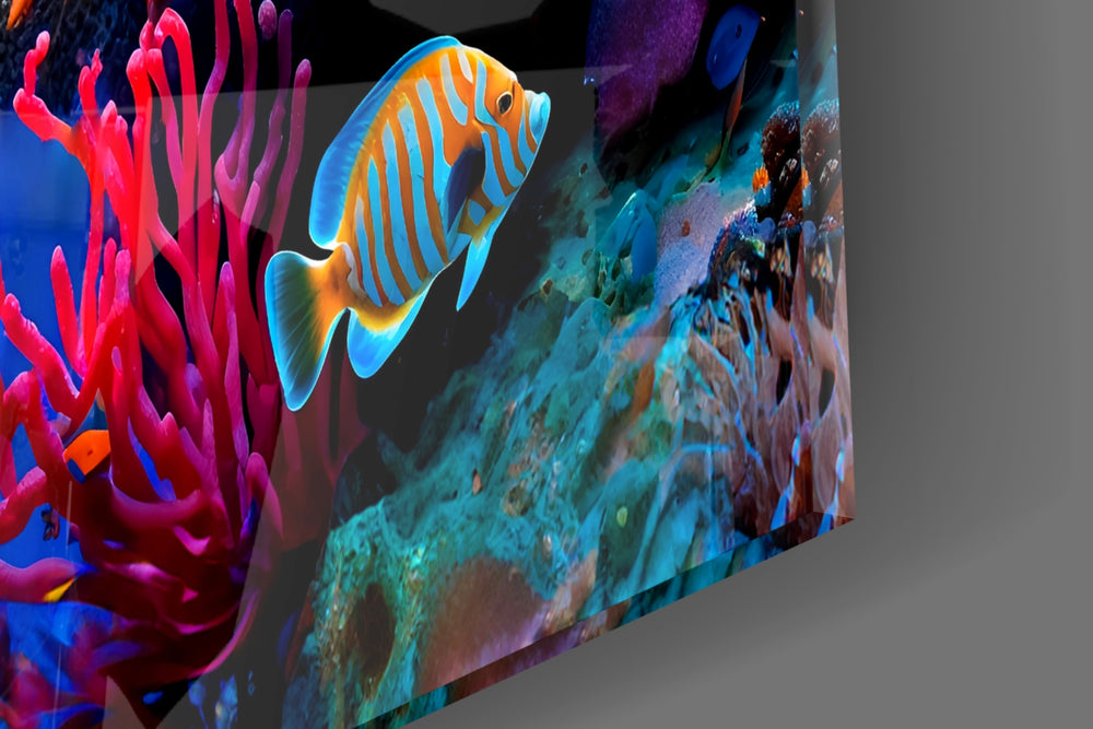 Underwater coral cinematic glass wall art over modern dining sideboard