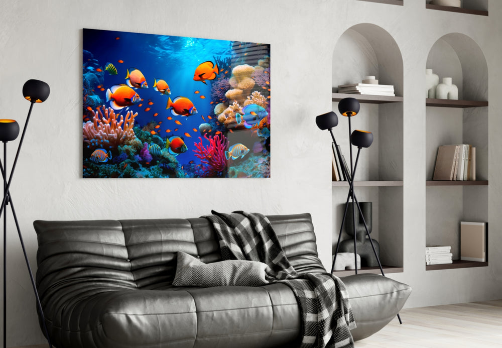 Vibrant coral cinematic glass wall art in hospitality lounge
