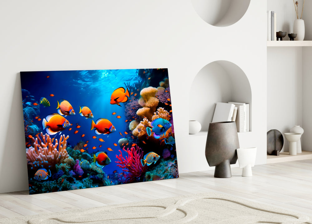 Tropical fish school cinematic glass wall art in child's marine-themed bedroom