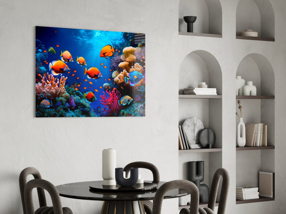 Reef-photography cinematic glass wall art over master-bedroom headboard
