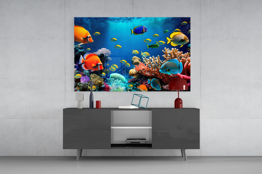 Documentary reef cinematic glass wall art in resort suite living room