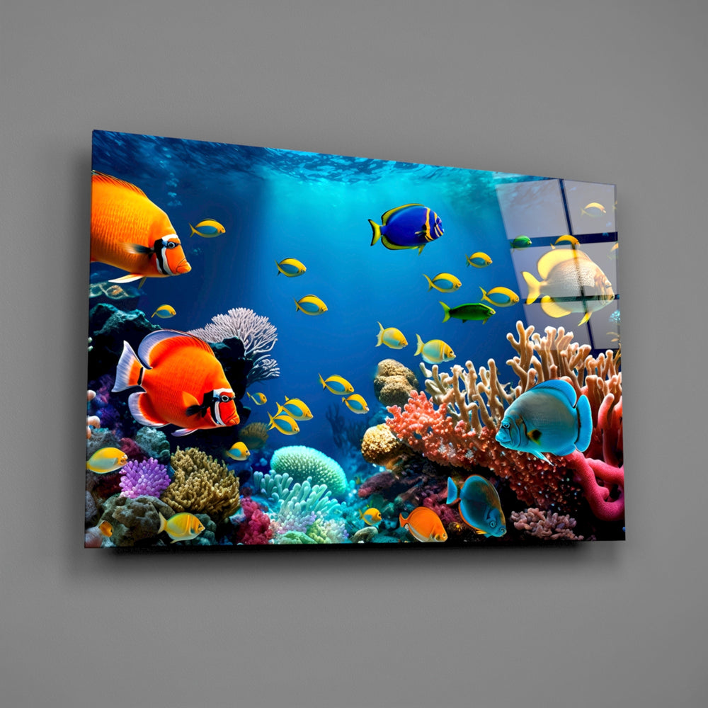 Tropical fish reef glass wall art over walnut sideboard in maritime study
