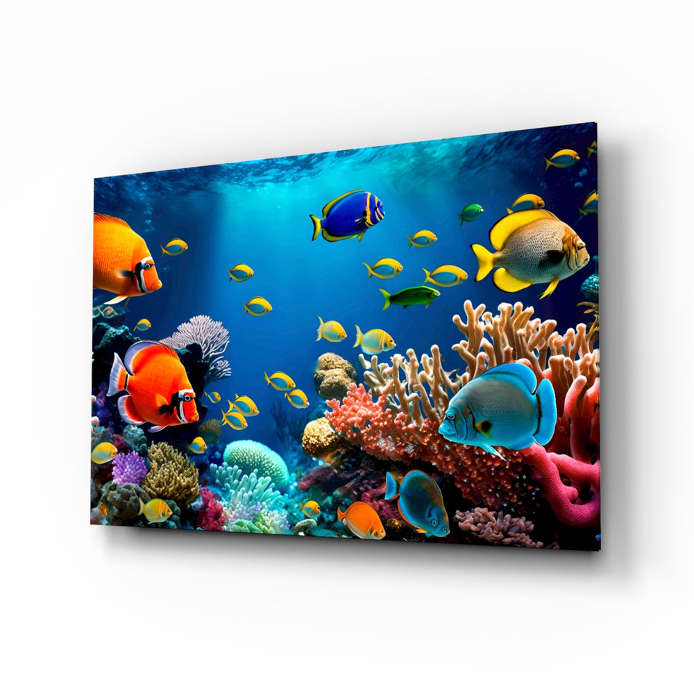 Vibrant coral reef cinematic glass wall art above linen sofa in coastal living room