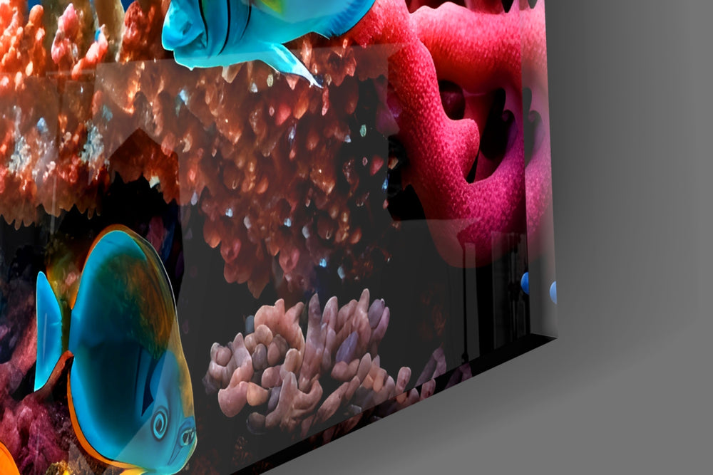 Underwater reef cinematic glass wall art over modern dining sideboard
