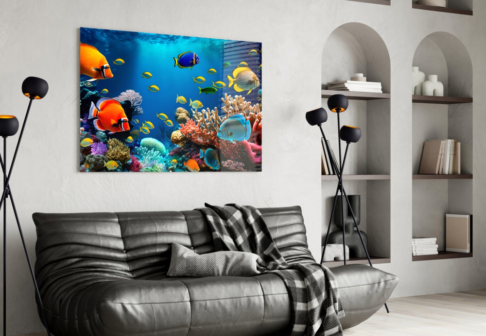 Vibrant reef cinematic glass wall art in hospitality lounge