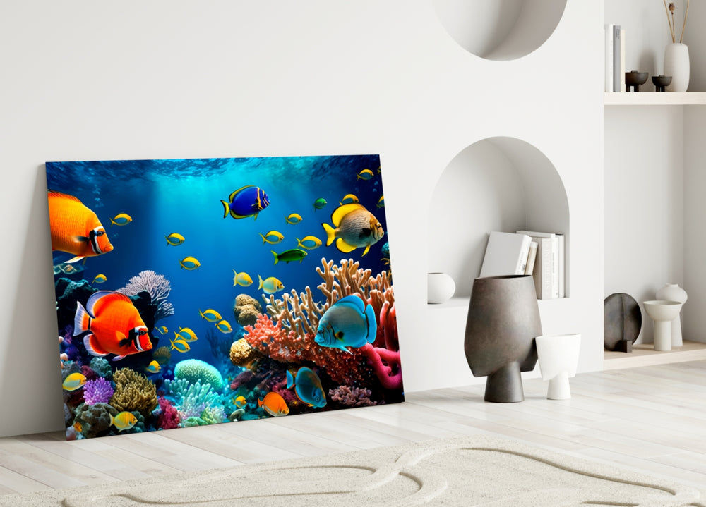 Coral and tang cinematic glass wall art in child's marine-themed bedroom