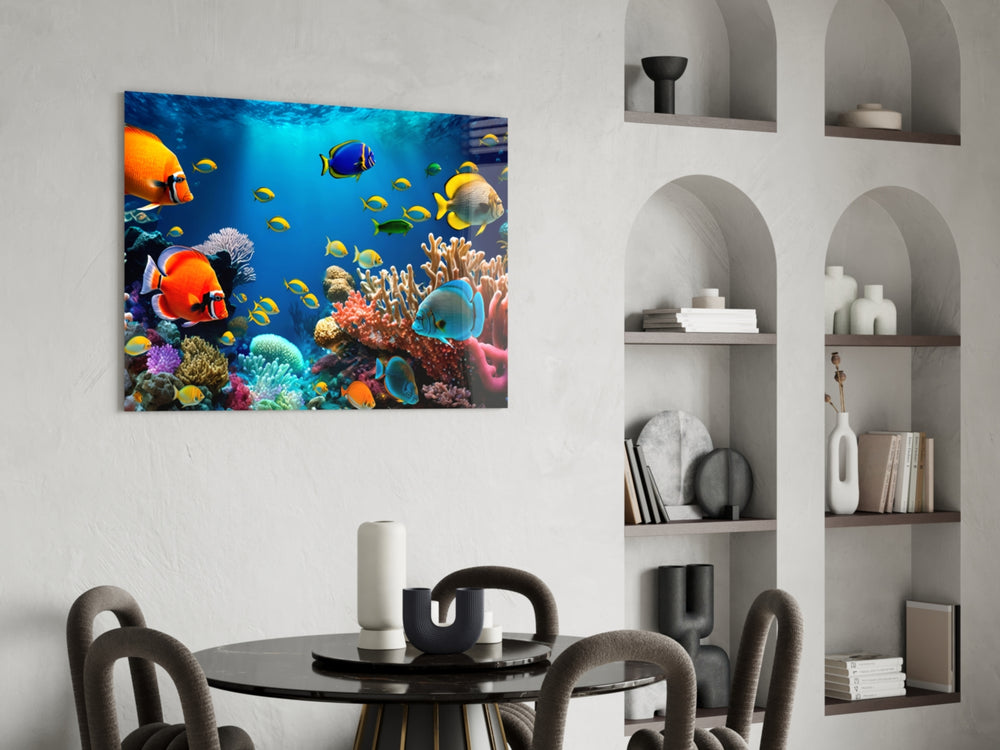 Reef-photography cinematic glass wall art over master-bedroom headboard