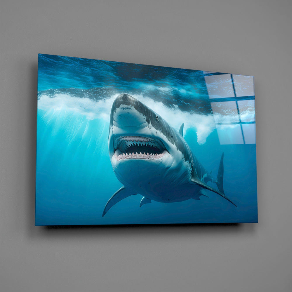 Cinema-poster shark glass wall art over walnut console in maritime study